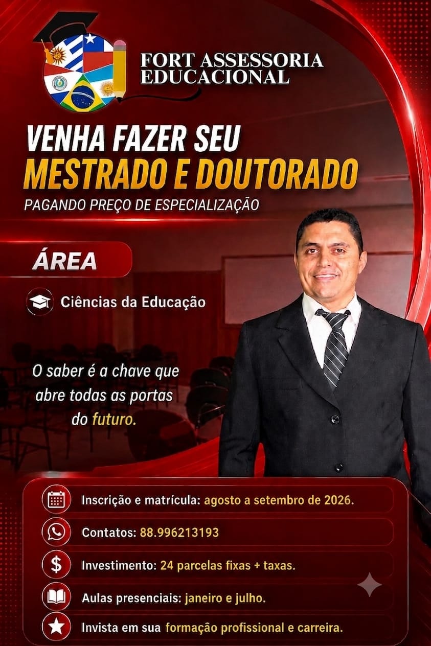 Flyer de mestrado e doutorado em Ciências da Educação, com aulas presenciais em janeiro e julho