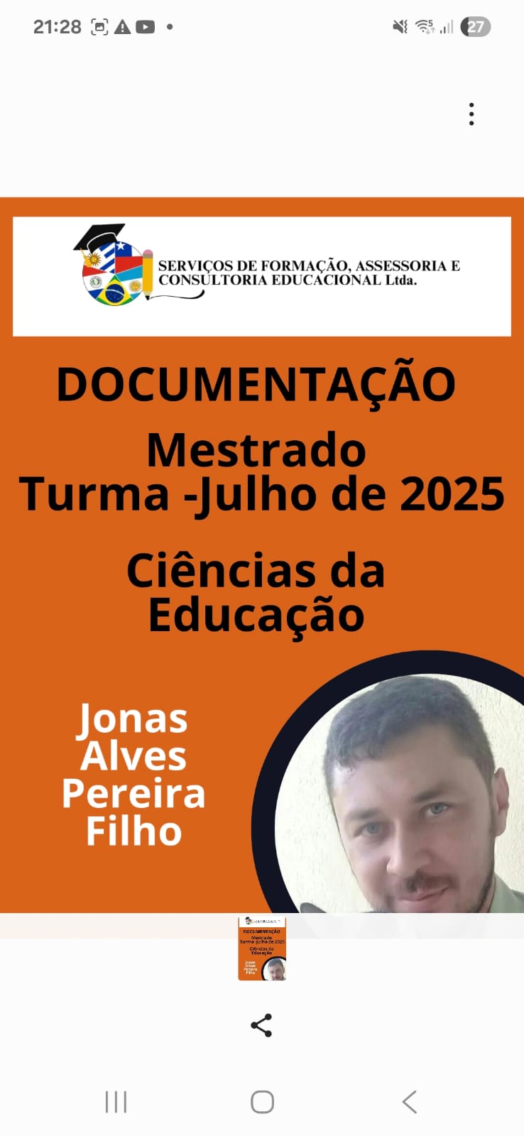 Flyer de documentação do mestrado em Ciências da Educação, turma de julho de 2025