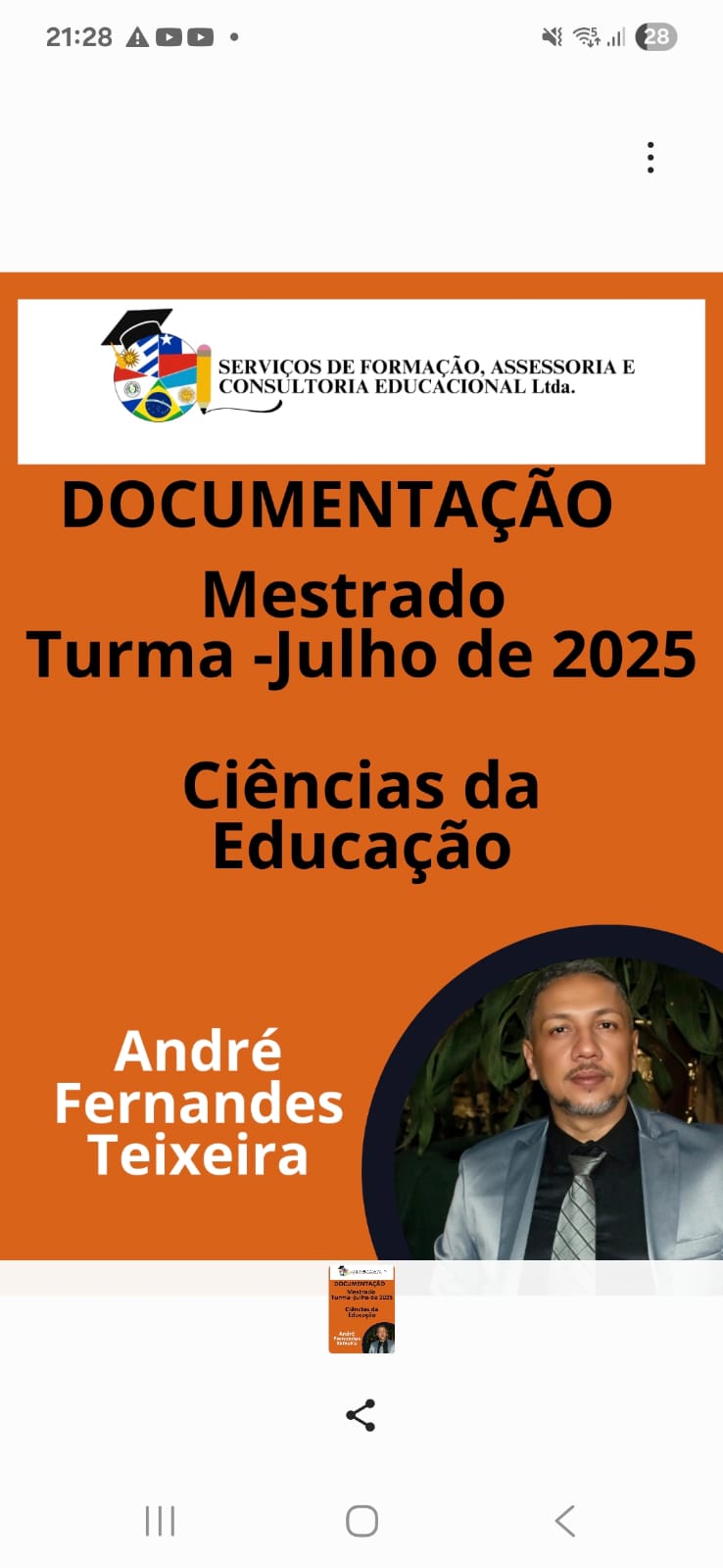 Flyer de documentação do mestrado em Ciências da Educação, turma de julho de 2025