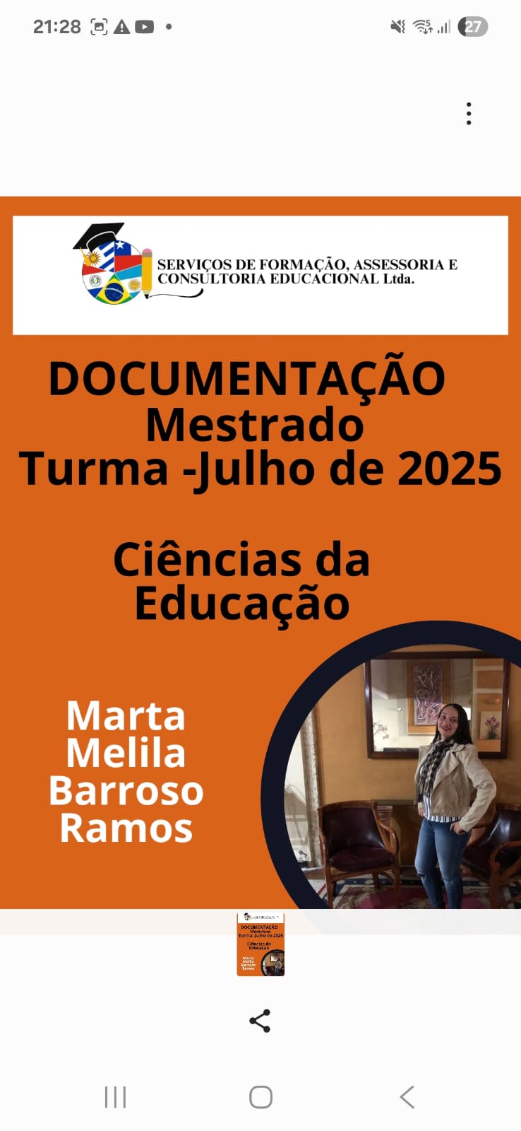 Flyer de documentação do mestrado em Ciências da Educação, turma de julho de 2025
