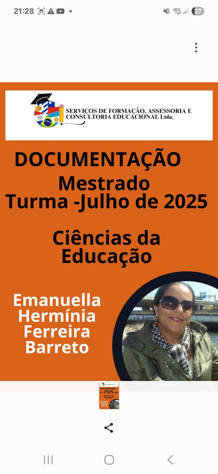 Flyer de documentação do mestrado em Ciências da Educação, turma de julho de 2025
