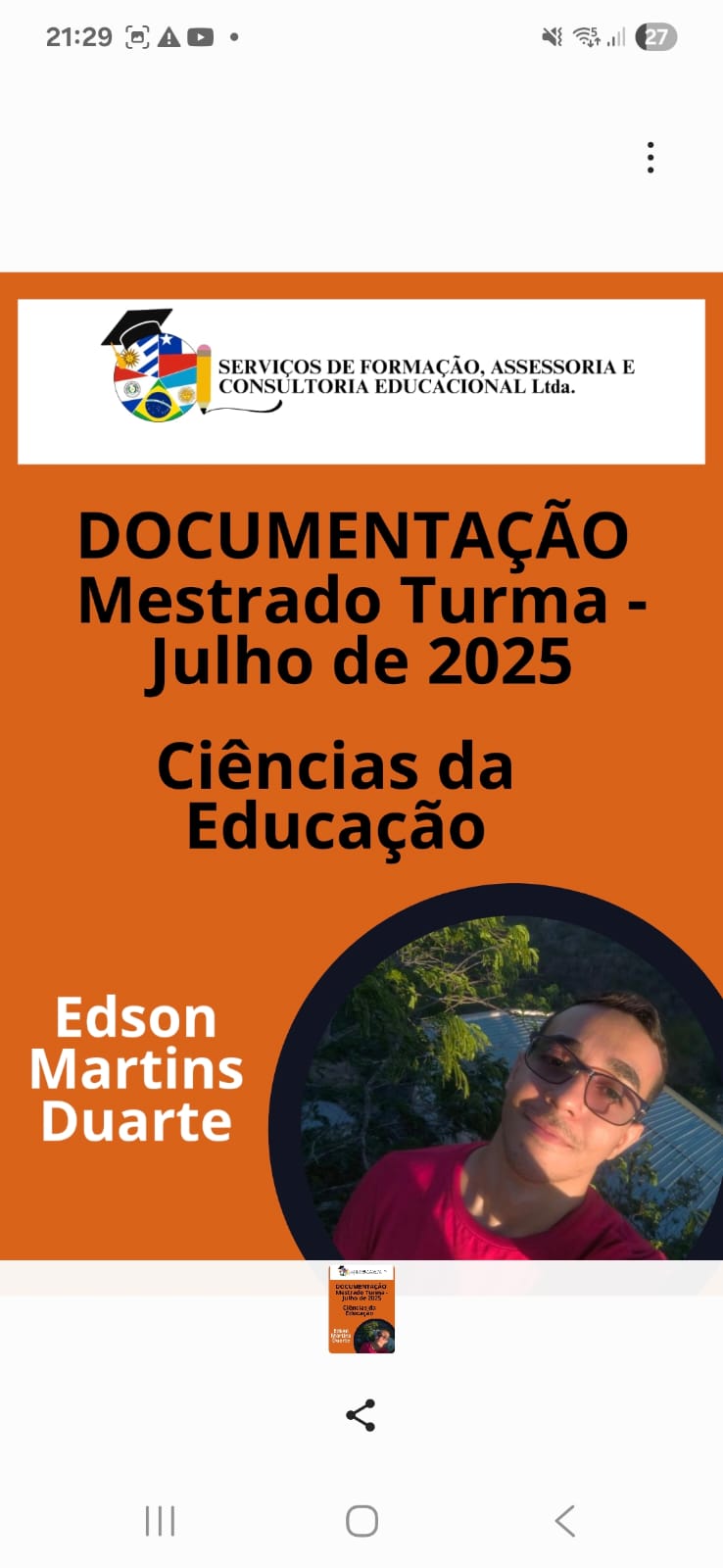 Flyer de documentação do mestrado em Ciências da Educação, turma de julho de 2025
