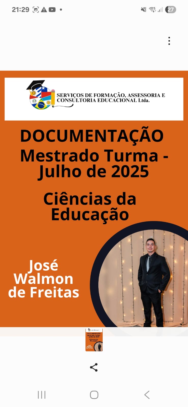 Flyer de documentação do mestrado em Ciências da Educação, turma de julho de 2025