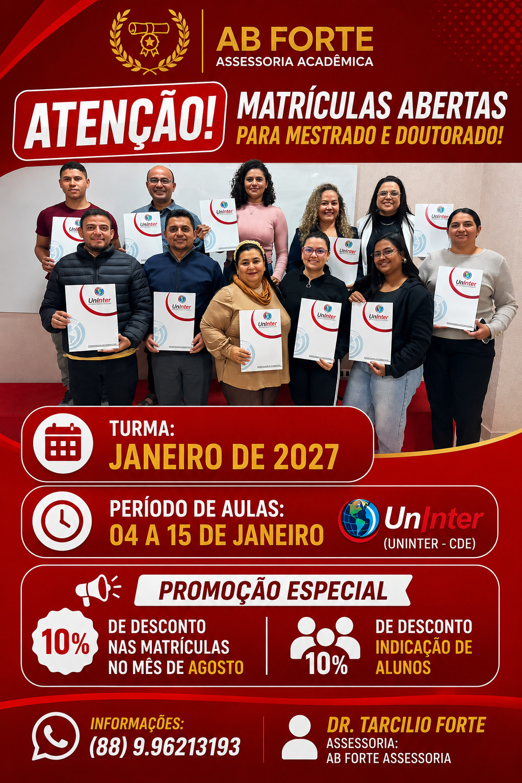 Flyer de matrículas abertas para mestrado e doutorado, turma de janeiro de 2027, com promoção especial de agosto