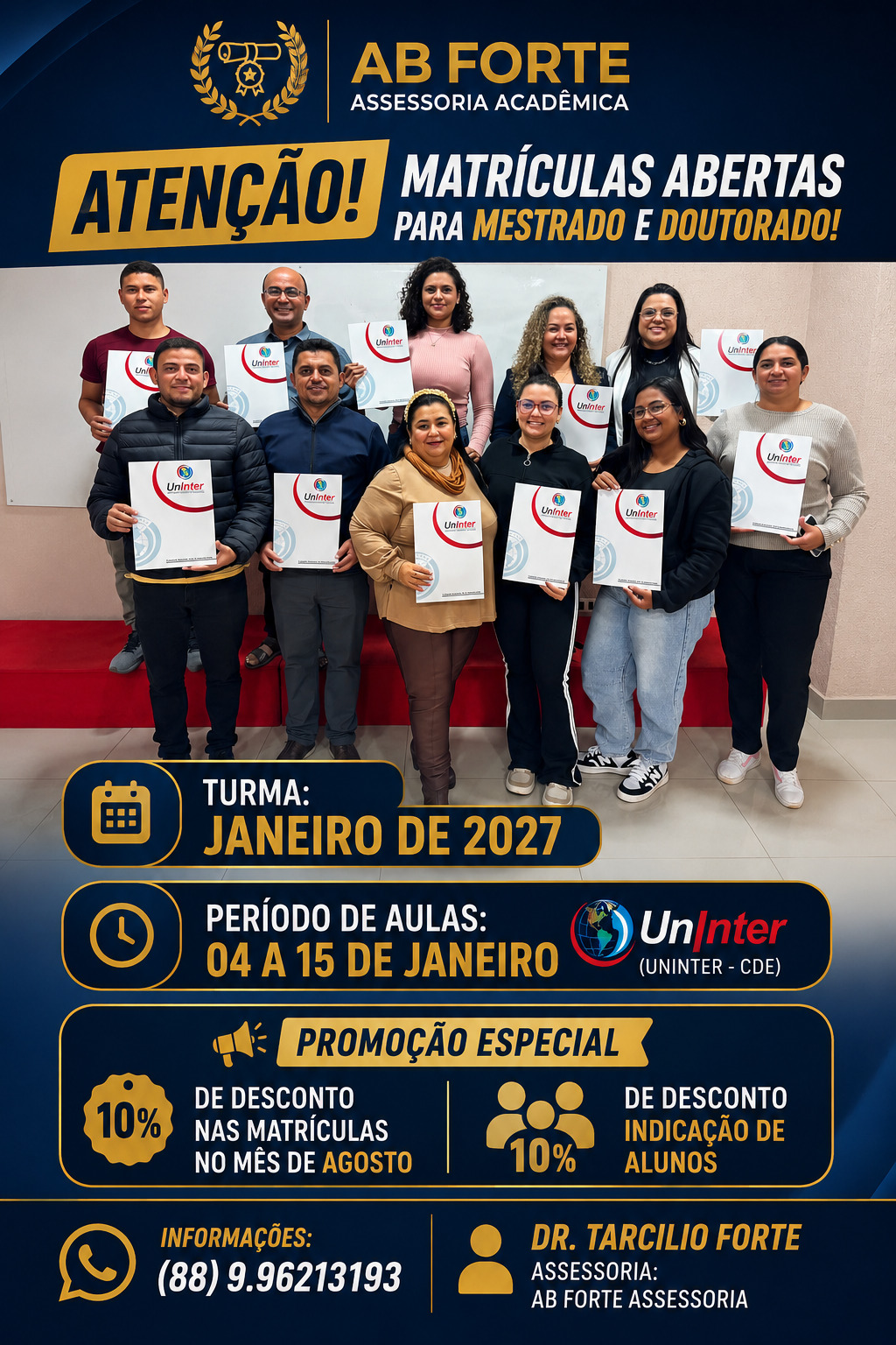 Flyer de matrículas abertas para mestrado e doutorado, turma de janeiro de 2027, com aulas de 04 a 15 de janeiro