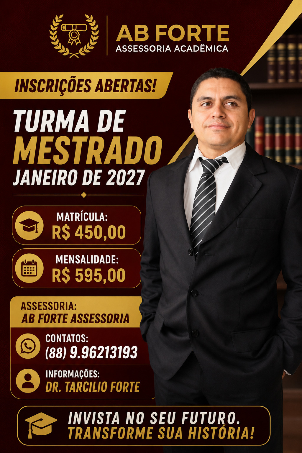 Flyer da turma de mestrado de janeiro de 2027 com valores de matrícula e mensalidade